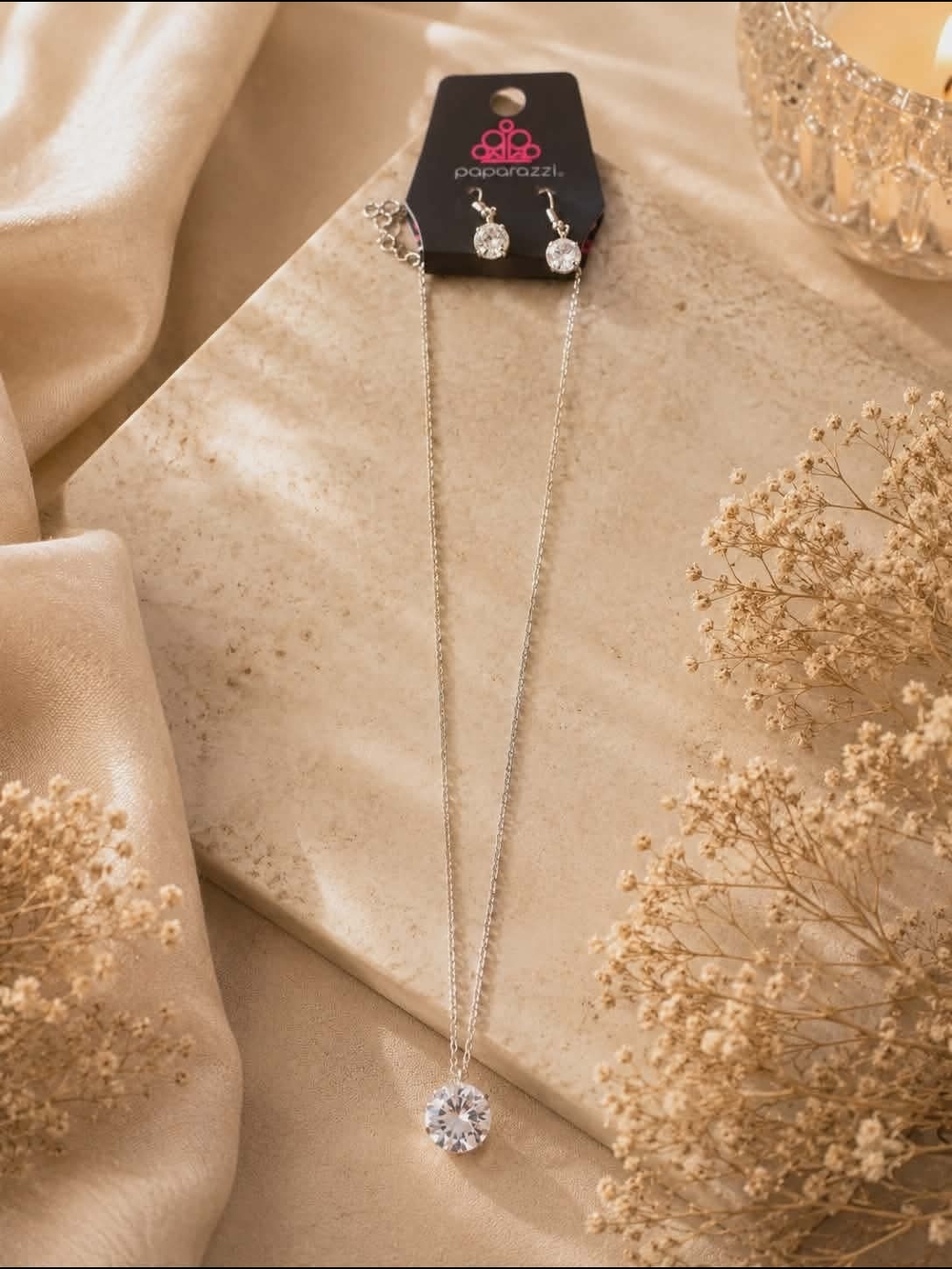 paparazzi Silver Crystal Pendant Necklace and Stud Earrings - Clear